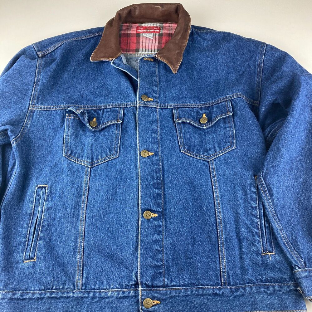 Vintage 90s Marlboro Country Store Denim Jacket XL Leather Collar Flannel